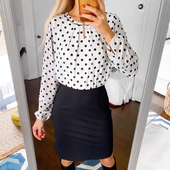 🔘 ZERO WHITE BLACK POLKA DOT FITTED DRESS! - Picture 1 of 16